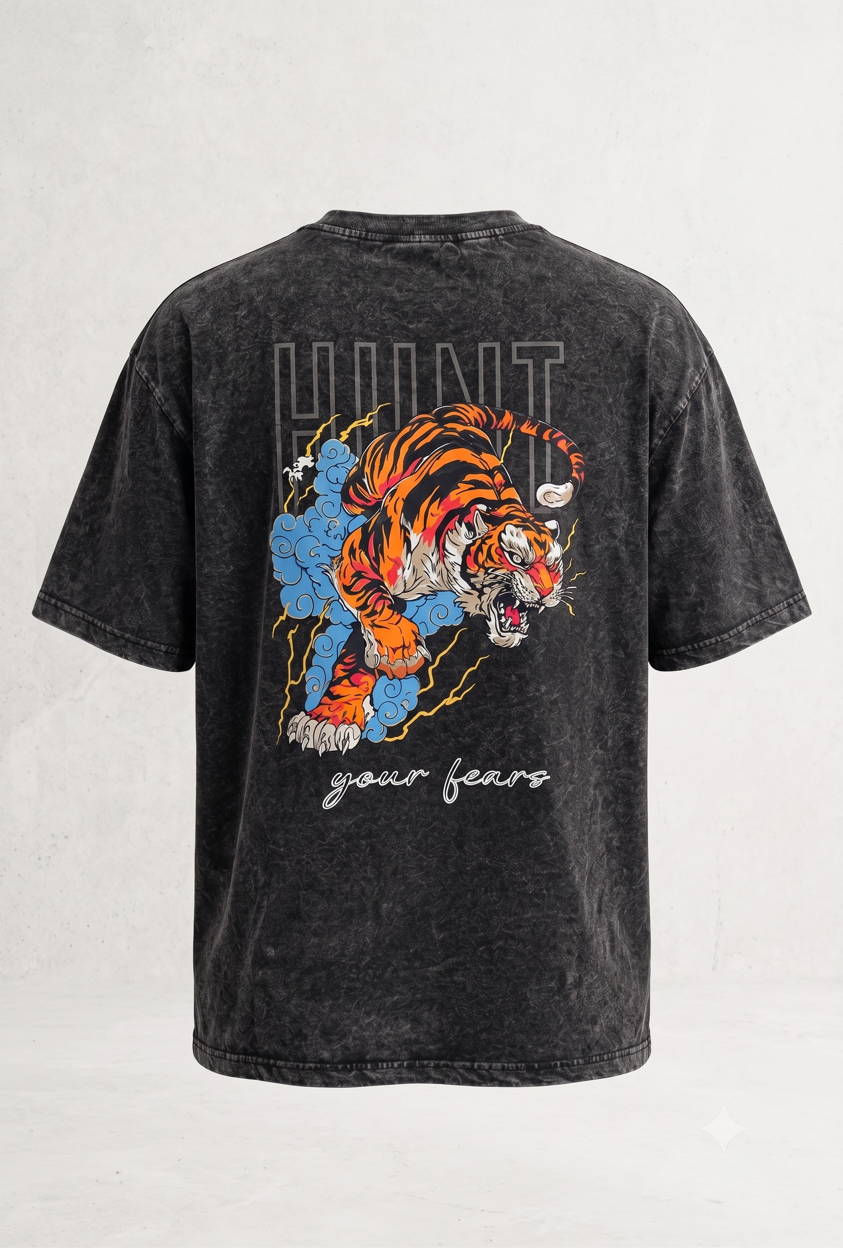 HUNT YOUR FEARS | Black acid wash Oversized Tee 3D